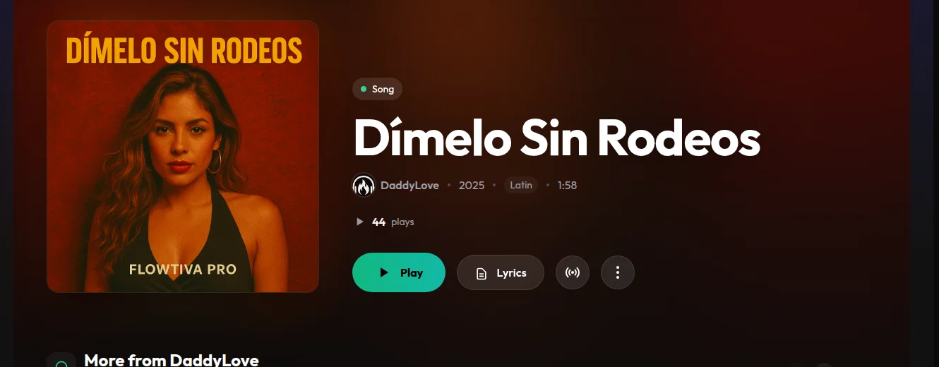 Página de la canción Dímelo Sin Rodeos en Flowtiva, con su portada, el artista, el género, la duración y los botones Play y Lyrics.