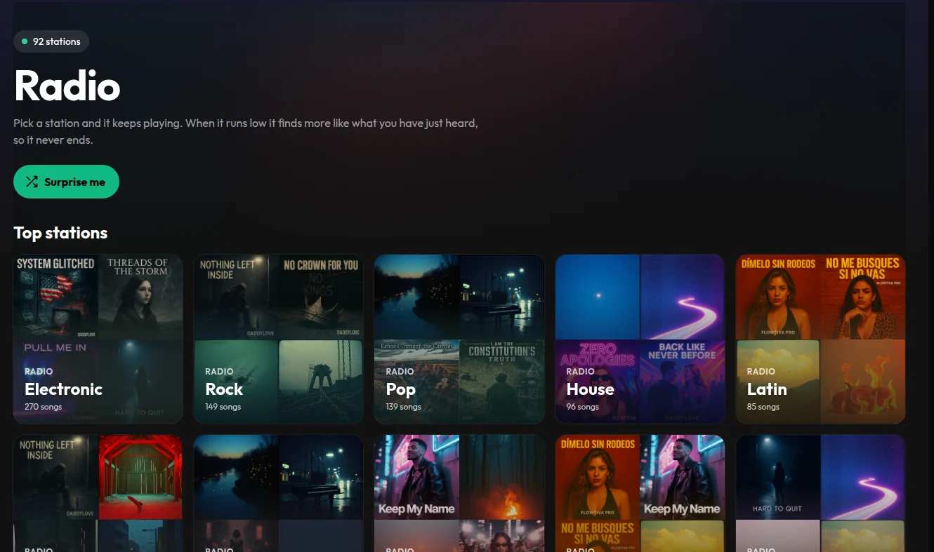 Página Radio de Flowtiva con las estaciones principales como Electronic, Rock, Pop, House y Latin, cada una con un mosaico de portadas.